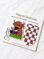 Highland cow duo set magnetic bookmarks displayed on Bluebell Valley Creations branded packaging against a clean marble background