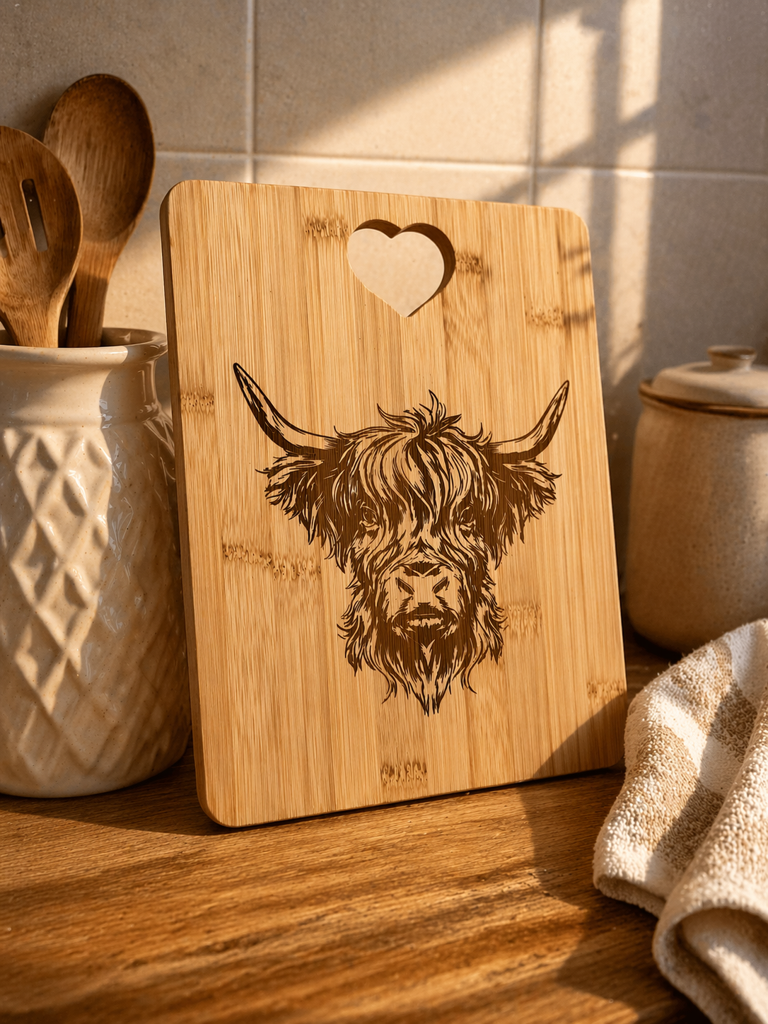 Engraved bamboo chopping board with Highland cow design styled in warm kitchen setting with utensils and soft lighting