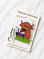 Highland cow magnetic bookmark displayed on Bluebell Valley Creations branded packaging against a clean marble background