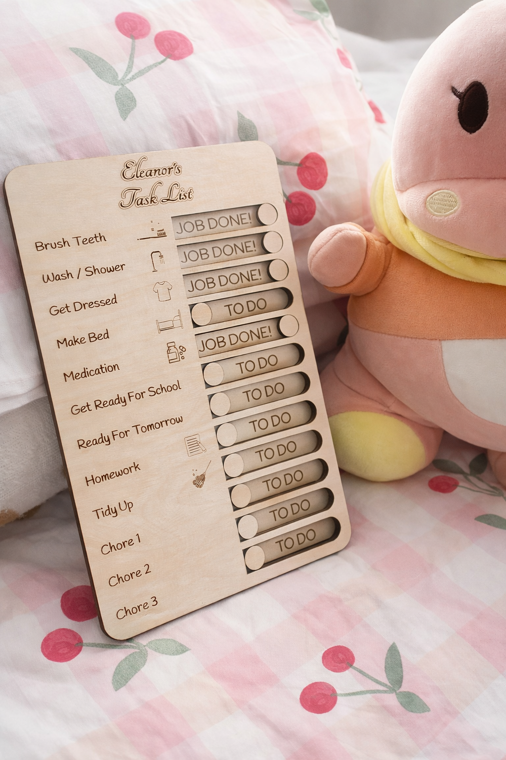 Personalised kids chore chart wooden board with sliders, children’s daily routine organiser gift displayed in bedroom setting