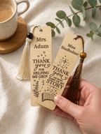 Custom wooden teacher bookmarks with tassels styled with coffee and greenery gift setting