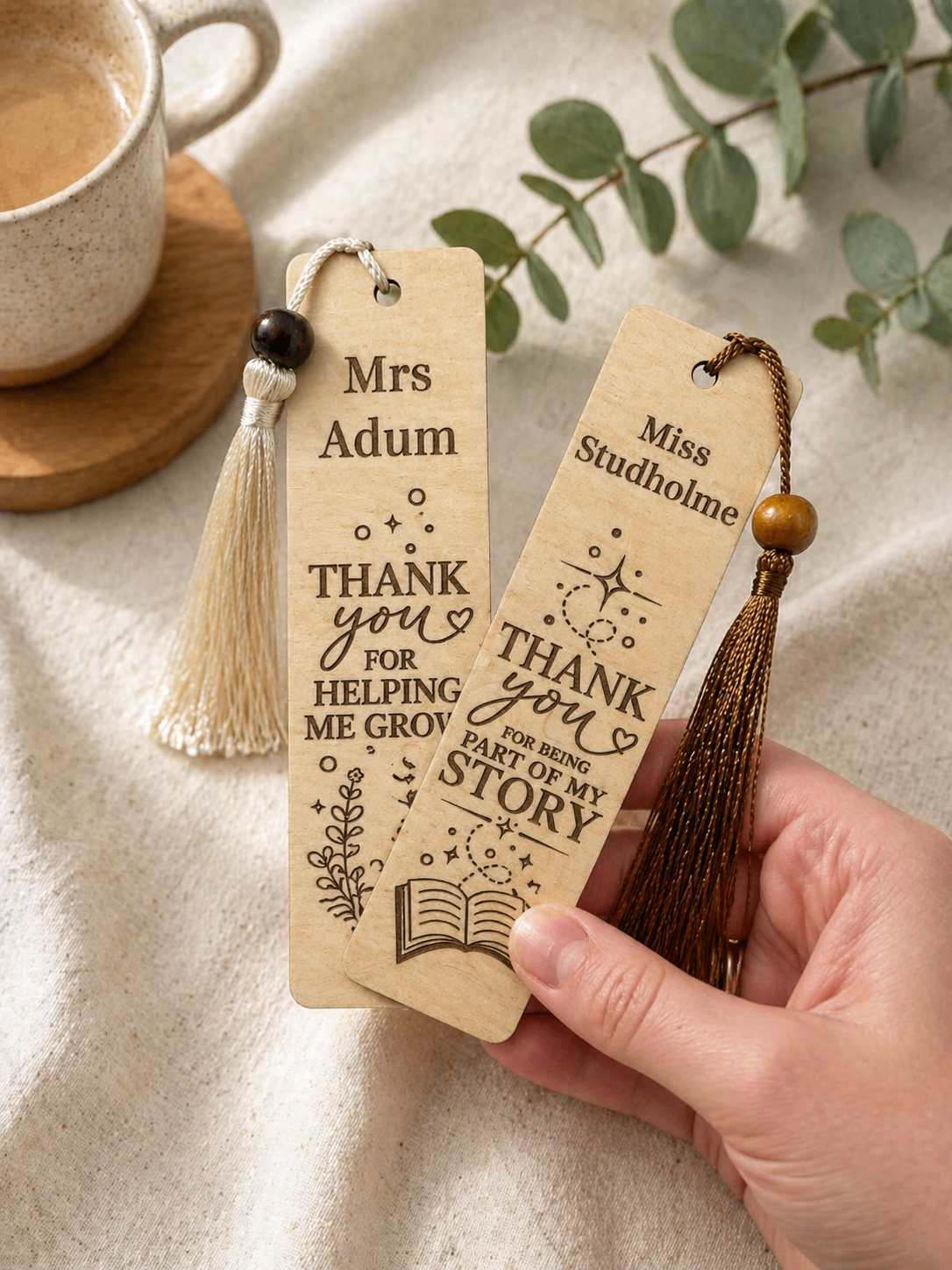 Custom wooden teacher bookmarks with tassels styled with coffee and greenery gift setting