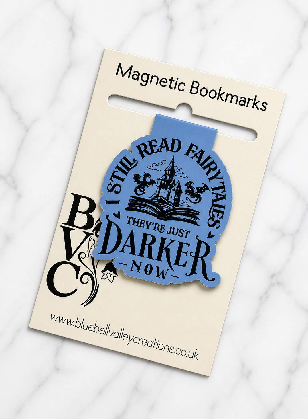 Magnetic bookmark attached to branded backing card ready for gifting