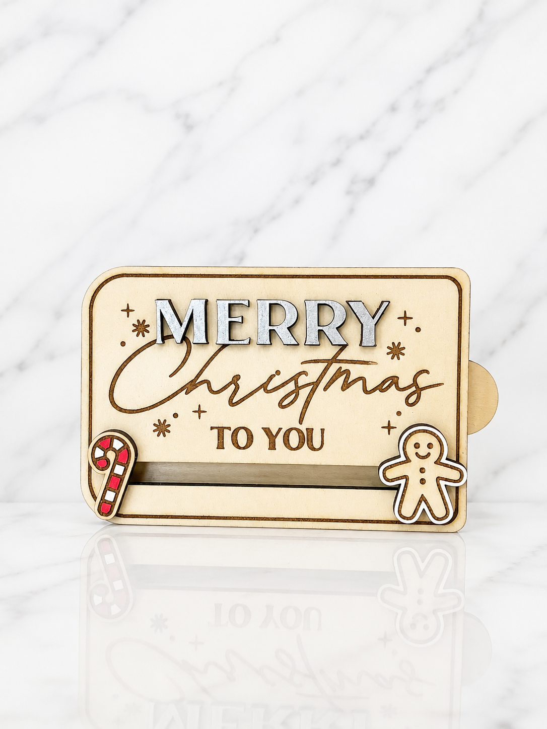 Wooden Merry Christmas gift card holder with engraved festive design and gingerbread and candy cane details