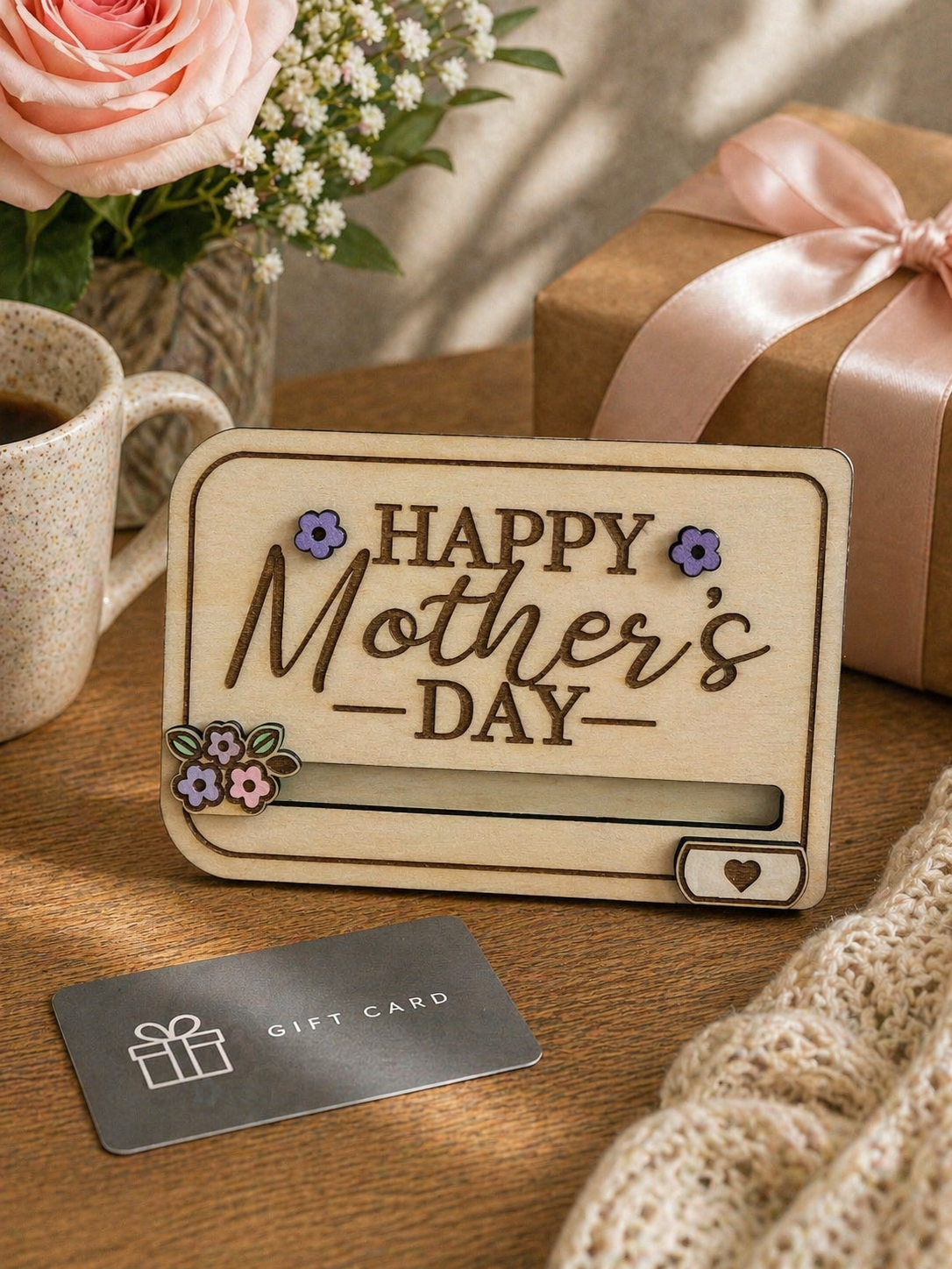 Wooden mothers day gift card holder displayed with flowers and wrapped gift in home setting