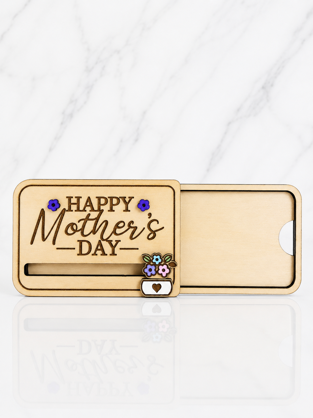 Wooden happy mothers day gift card holder with sliding compartment for standard gift cards