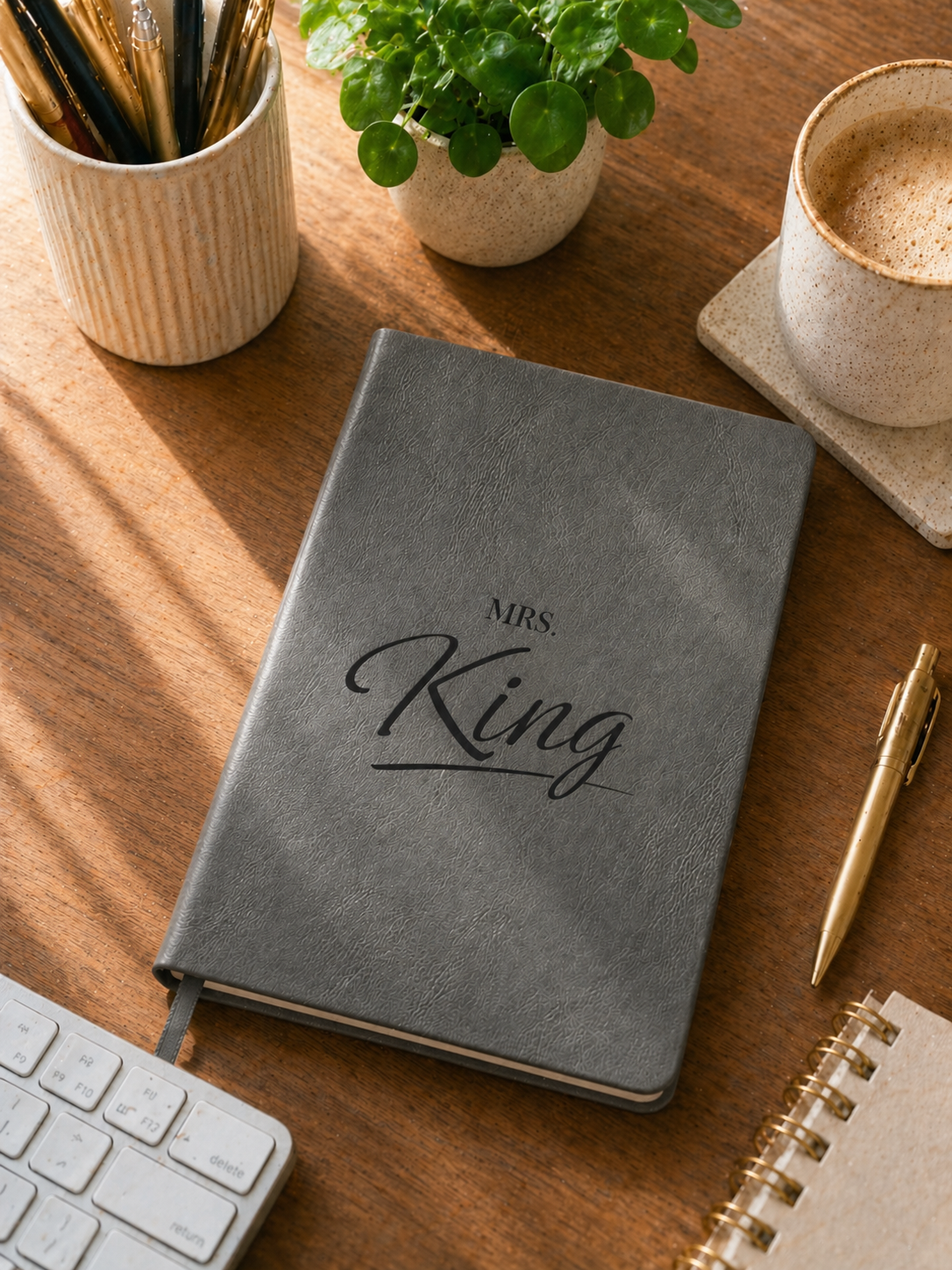 Gray notebook with 'Mrs. King' on a wooden desk with office supplies