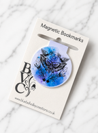 Moth and crystal magnetic bookmark displayed on Bluebell Valley Creations branded packaging