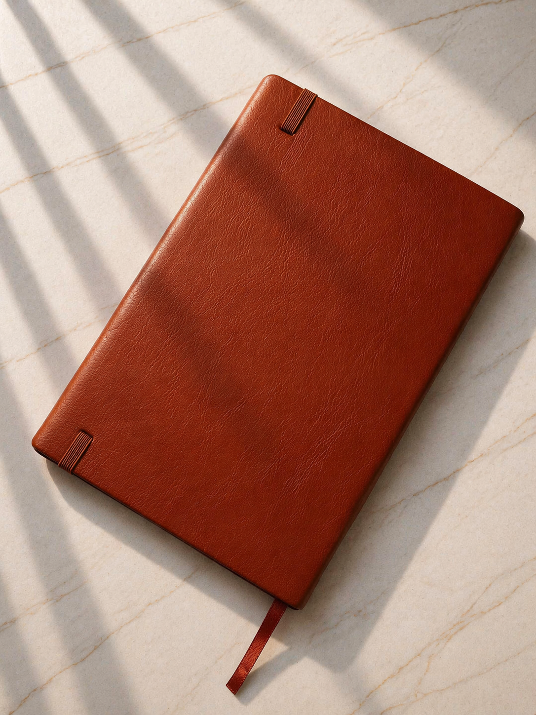 Back view of brown leather notebook with elastic strap and ribbon bookmark on marble surface
