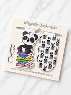 Panda set magnetic bookmark displayed on Bluebell Valley Creations branded packaging with clean marble background