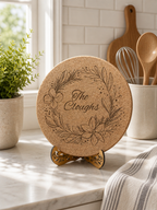 Engraved cork trivet displayed in bright kitchen setting with utensils and plants