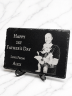 Personalised Father’s Day photo slate with engraved dad and baby image, custom gift on white marble background