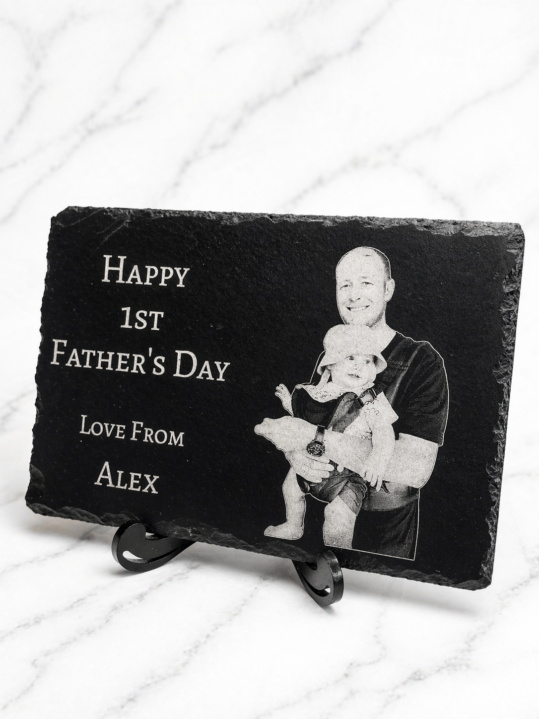 Personalised Father’s Day photo slate with engraved dad and baby image, custom gift on white marble background