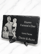 Personalised Father’s Day photo slate with engraved dad and two children, custom family gift on marble background