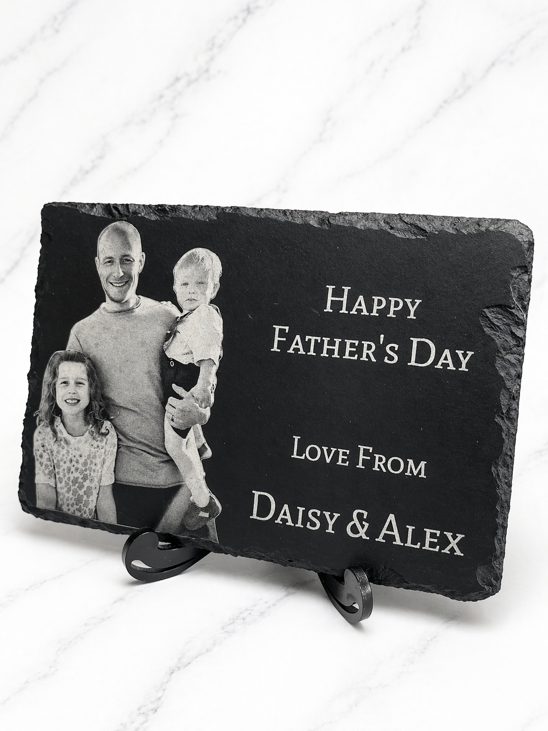 Personalised Father’s Day photo slate with engraved dad and two children, custom family gift on marble background