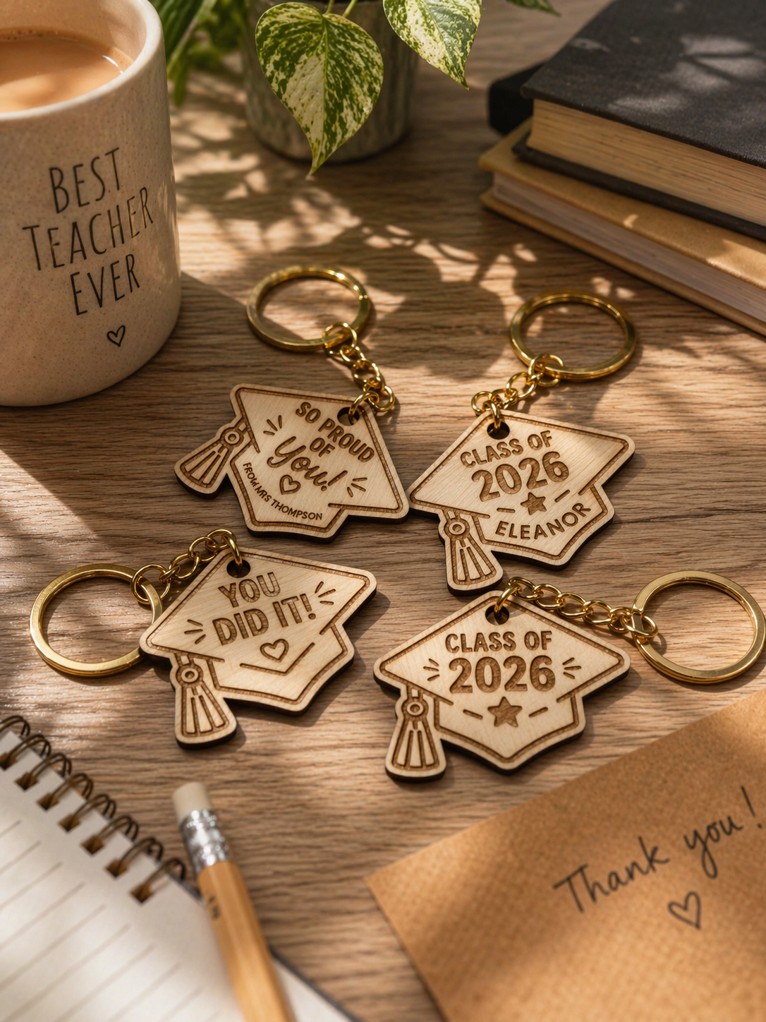 Wooden graduation cap keyrings engraved with class of 2026 and personalised messages on desk with teacher mug and books
