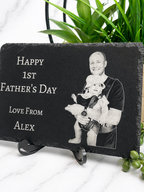 Personalised Father’s Day photo slate plaque with engraved portrait of dad and baby in soft plant setting