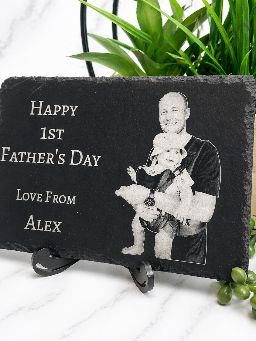 Personalised Father’s Day photo slate plaque with engraved portrait of dad and baby in soft plant setting