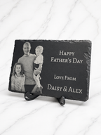 Personalised engraved slate plaque with family photo and Father’s Day message, custom gift for dad