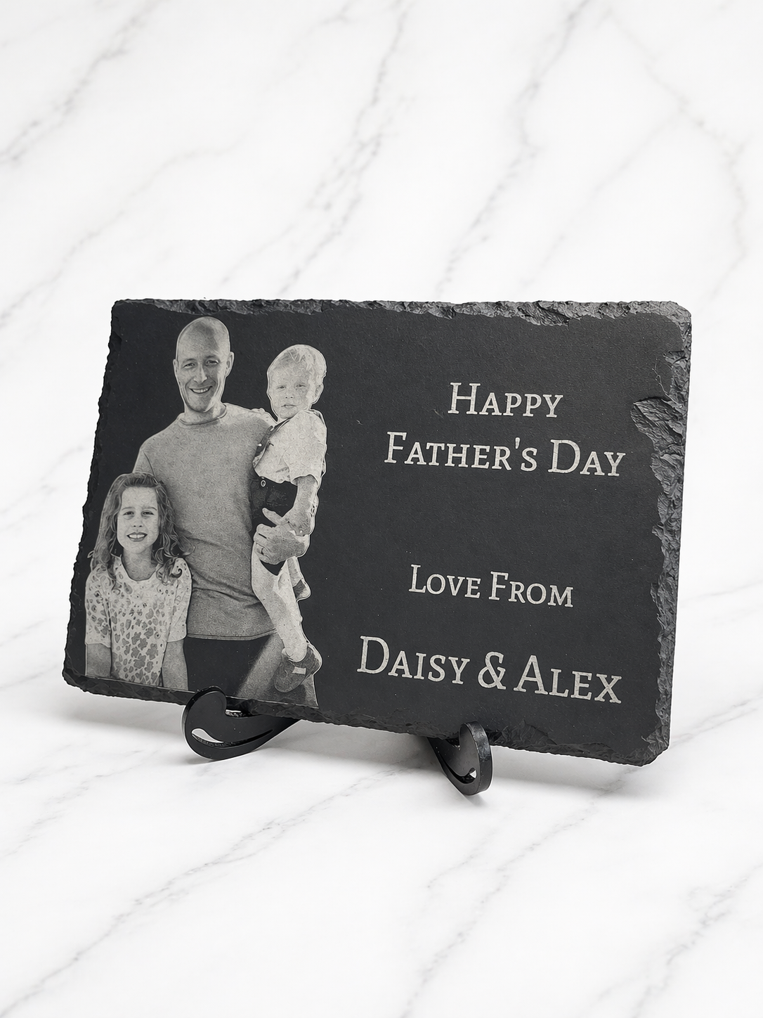 Personalised engraved slate plaque with family photo and Father’s Day message, custom gift for dad