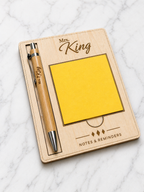 Personalised bamboo pen with engraved name and wooden sticky note holder, teacher desk gift set