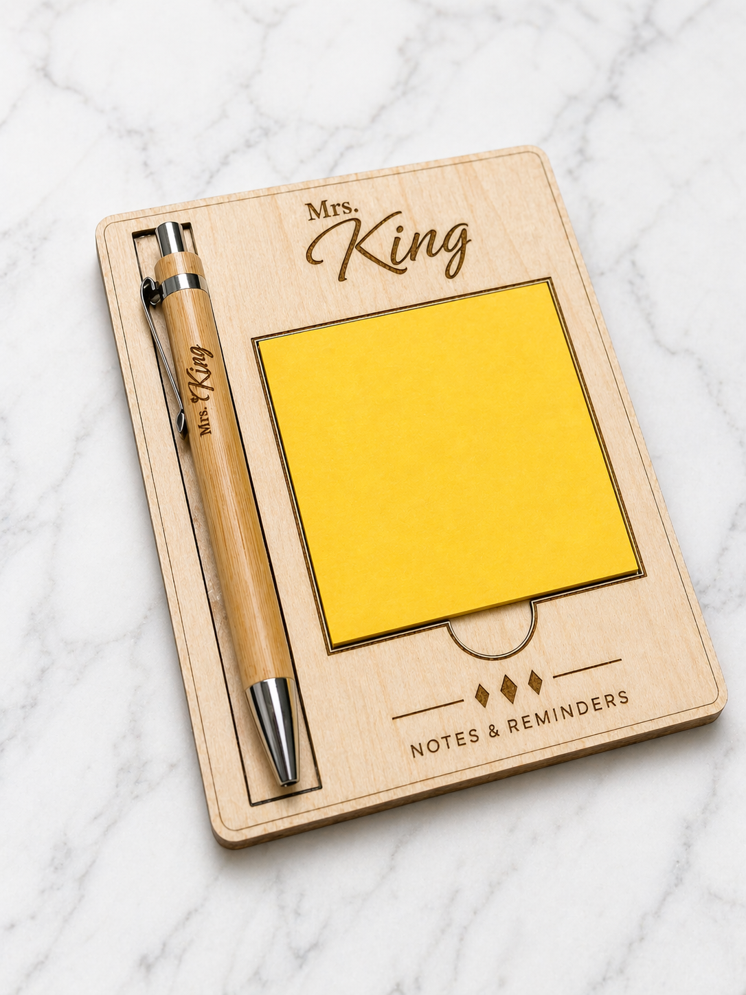 Personalised bamboo pen with engraved name and wooden sticky note holder, teacher desk gift set