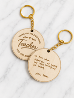 Wooden engraved keychain for teacher gift with thank you message on front and personalised handwritten message on back