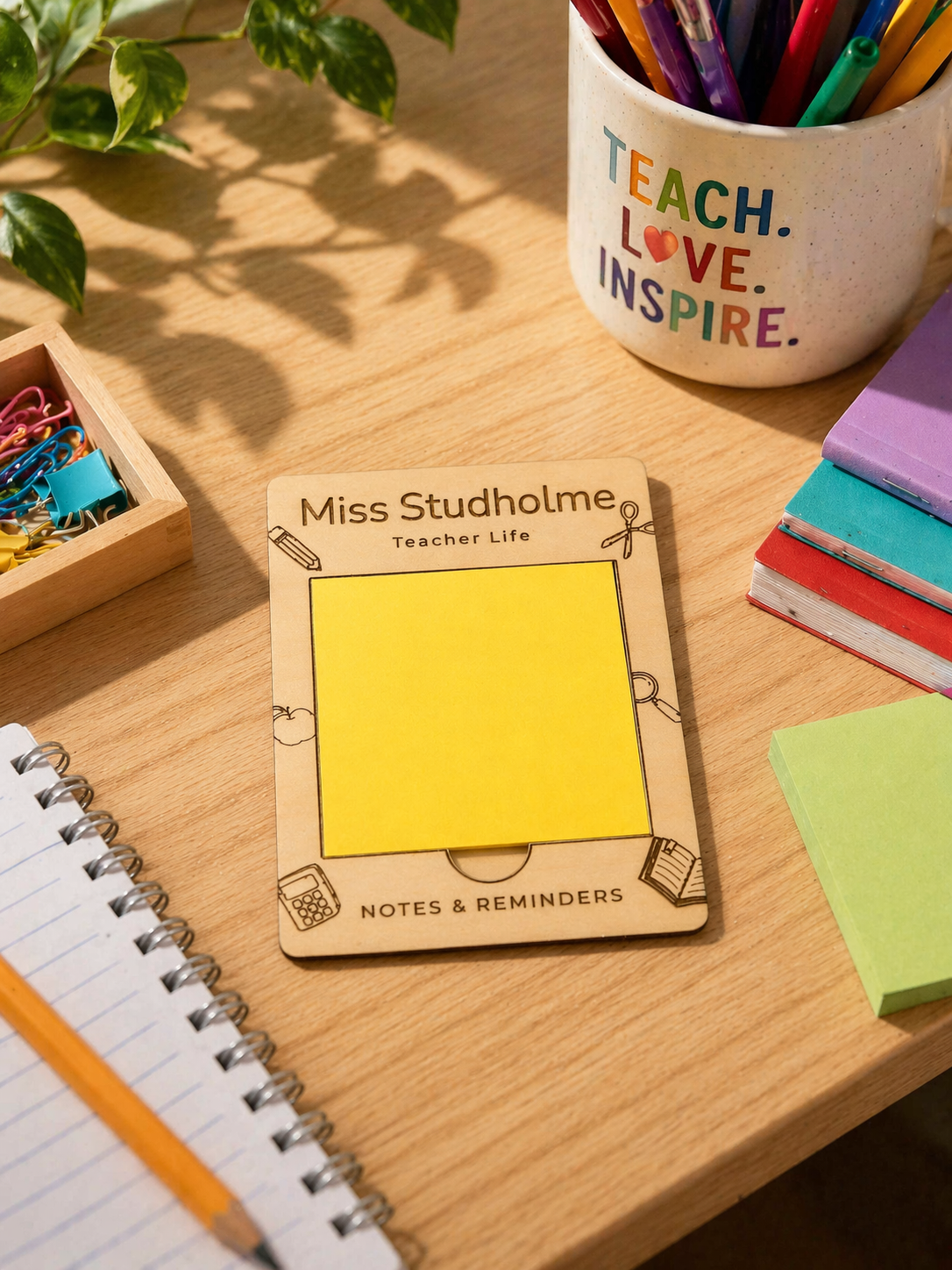 Wooden personalised teacher sticky note holder on a classroom desk with pens, notebooks and stationery, featuring engraved name and yellow notes