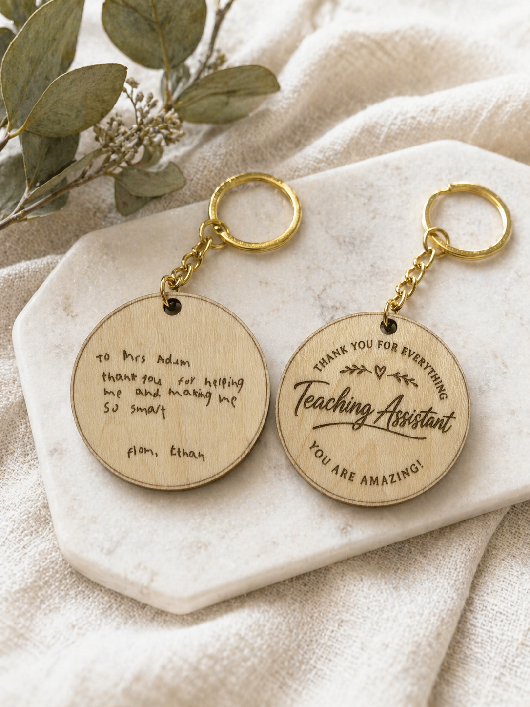 Personalised teaching assistant keyrings front and back shown together thank you teacher gift idea