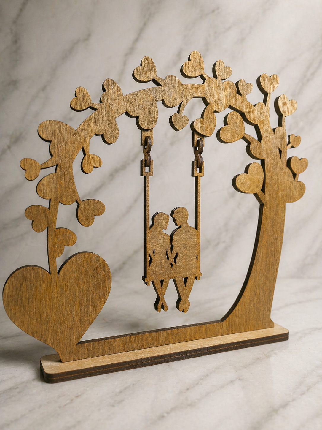 Custom engraved wooden couple silhouette sitting on swing under tree design - back view 