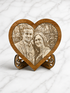 Custom engraved wooden heart puzzle with couple photo displayed on decorative stand