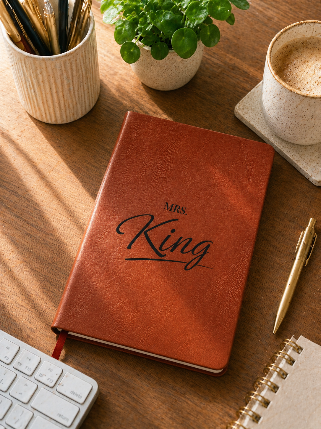 Brown notebook with 'Mrs. King' on a wooden desk with office supplies