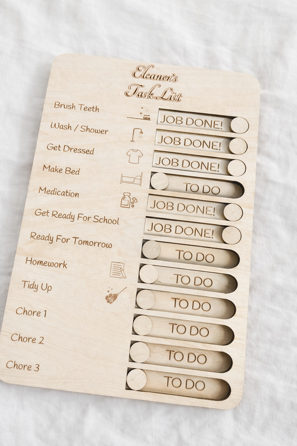 Personalised kids chore chart wooden board with sliders, children’s daily routine organiser gift displayed on white surface
