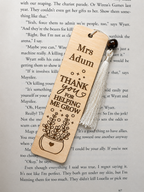 Personalised wooden teacher bookmark engraved “Thank you for helping me grow” with name Mrs Adum