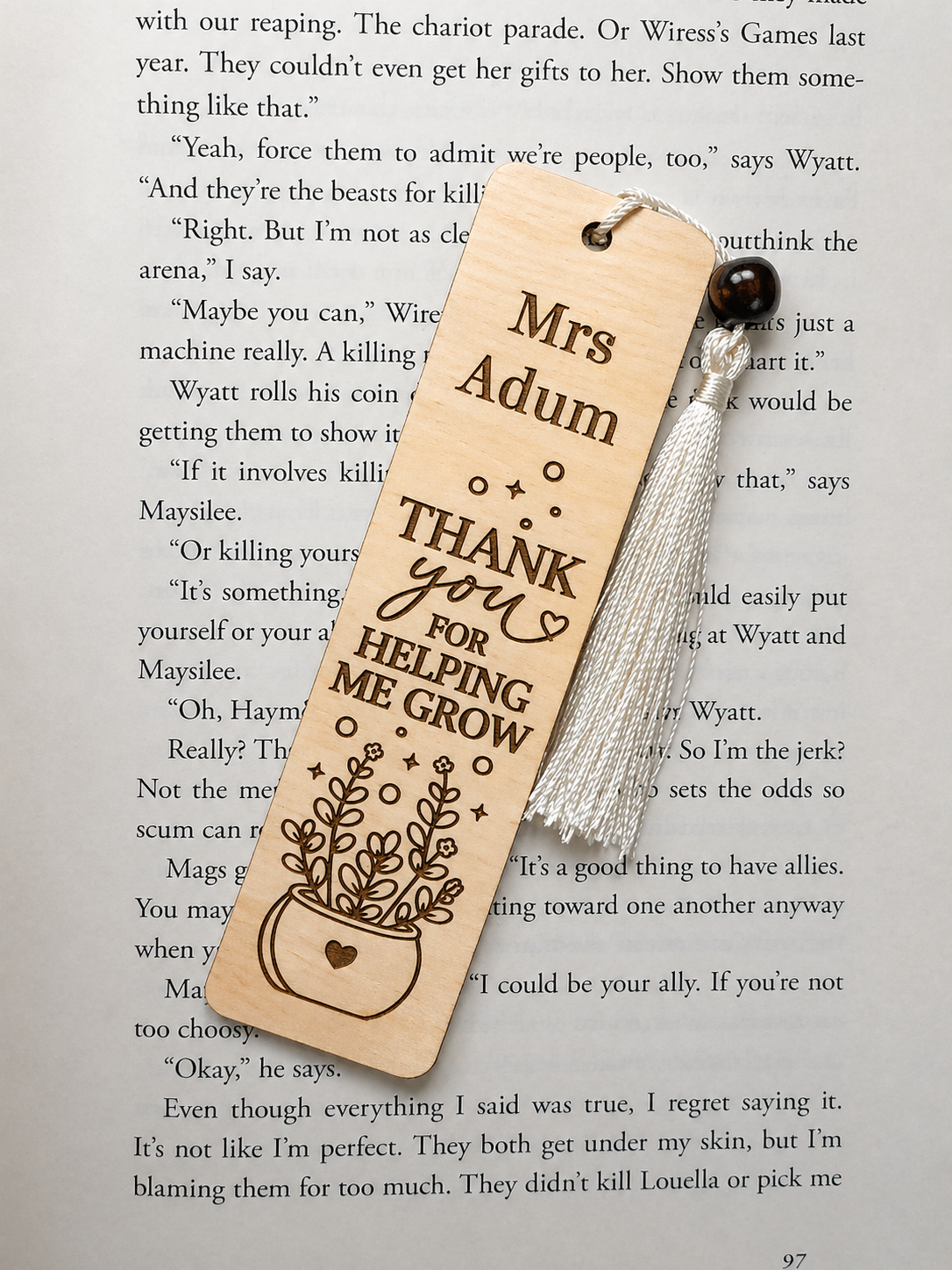 Personalised wooden teacher bookmark engraved “Thank you for helping me grow” with name Mrs Adum