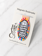 Magnetic bookmark with book lover quote displayed on Bluebell Valley Creations backing card