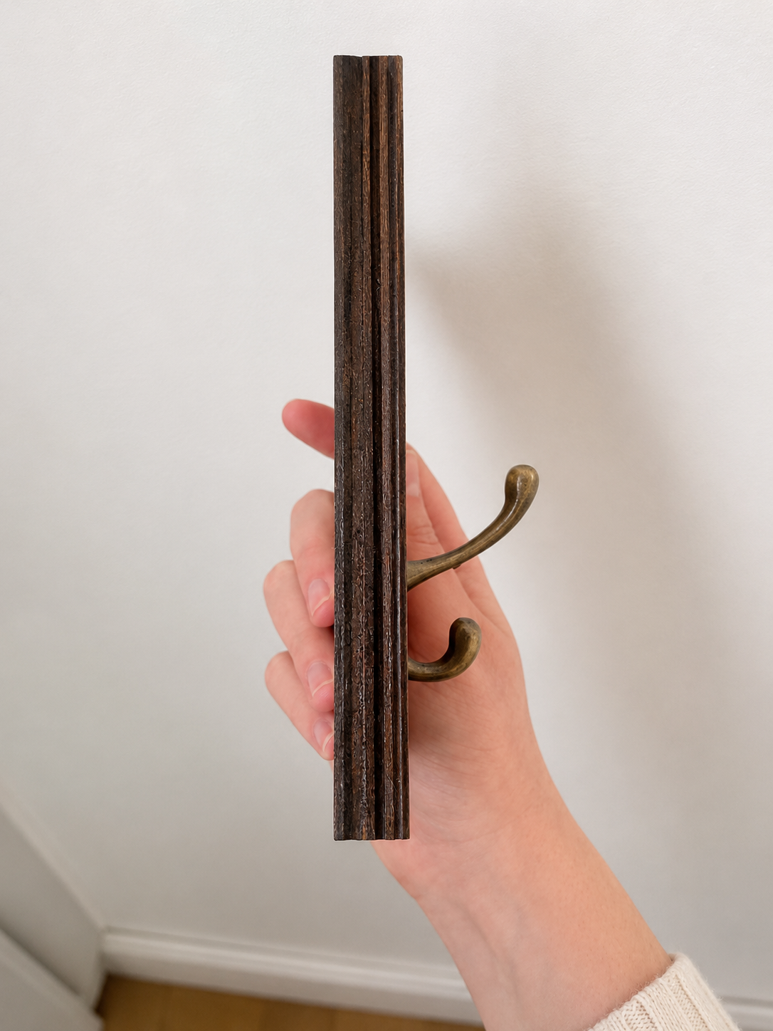 Hand holding a decorative dog lead holder on the side with one hook against a plain wall.