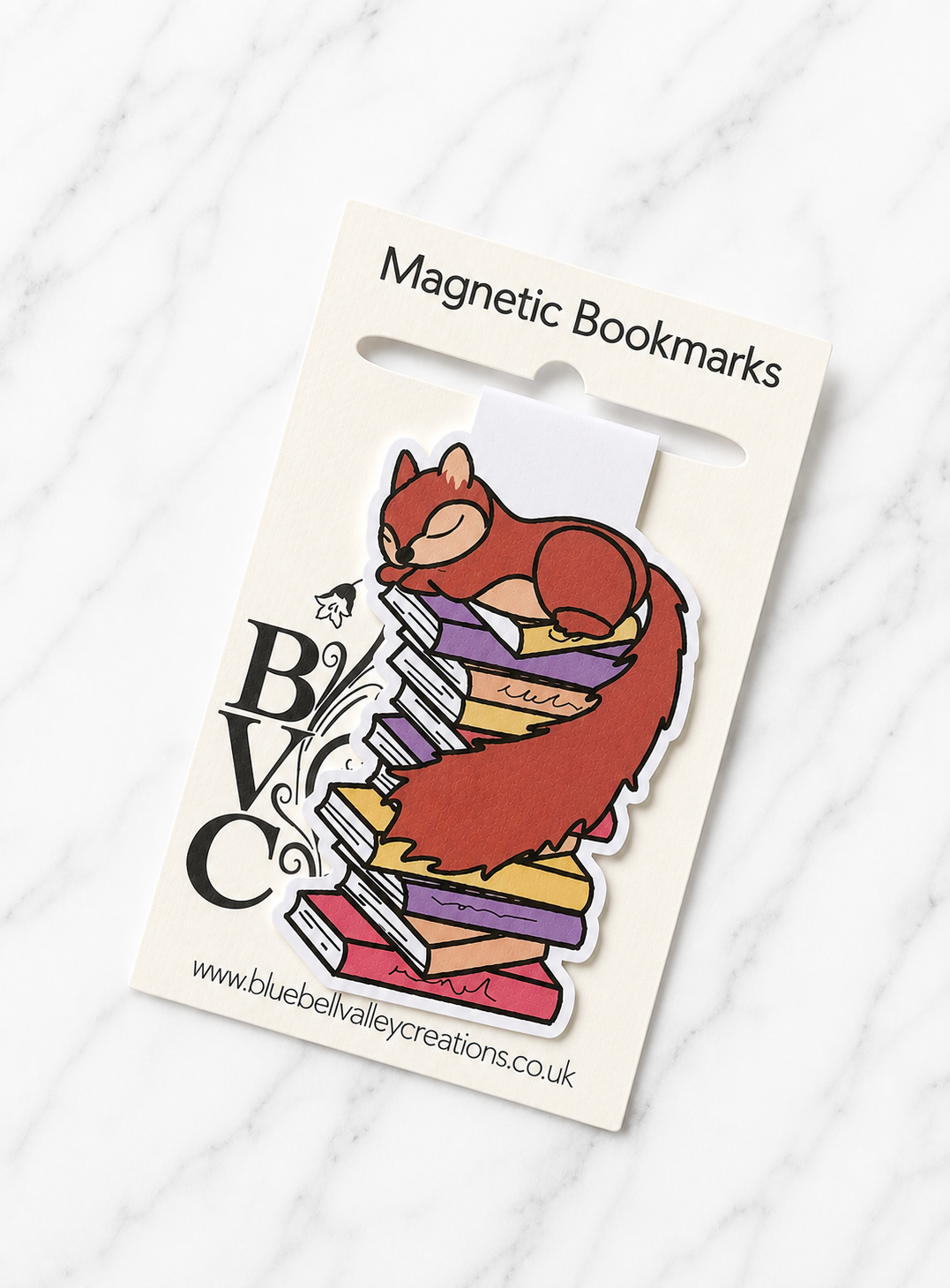Sleeping squirrel magnetic bookmark displayed on Bluebell Valley Creations branded packaging