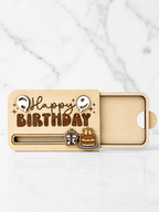 Wooden happy birthday gift card holder with sliding insert compartment for gift cards