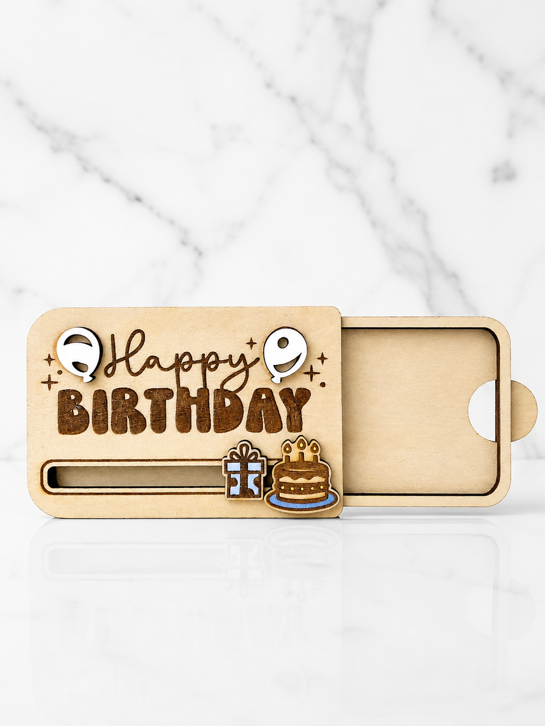 Wooden happy birthday gift card holder with sliding insert compartment for gift cards