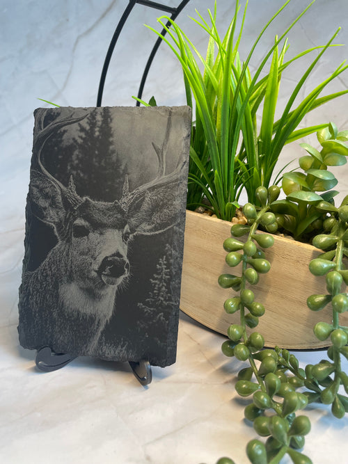 Black slate tile with engraved stag portrait on a white surface with green plants.