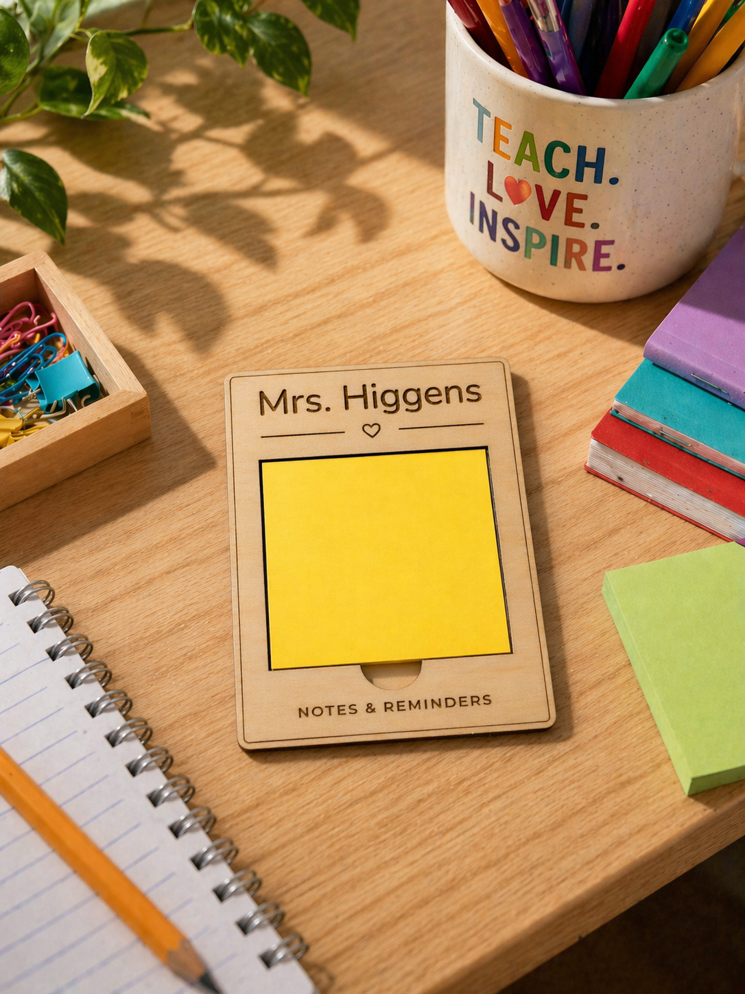 Personalised Wooden Sticky Note Holder On A Desk