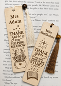 Personalised teacher bookmarks engraved with names and thank you messages with tassels