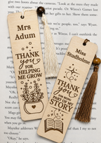 Personalised teacher bookmarks engraved with names and thank you messages with tassels