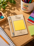 Personalised teacher gift set with engraved pen and sticky note holder on desk with stationery
