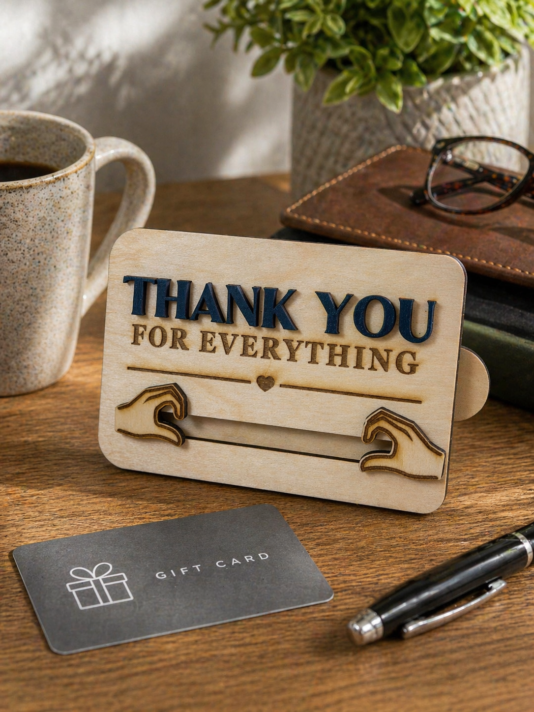 Wooden engraved gift card holder displayed on desk with coffee, pen and gift card as a thoughtful thank you gift