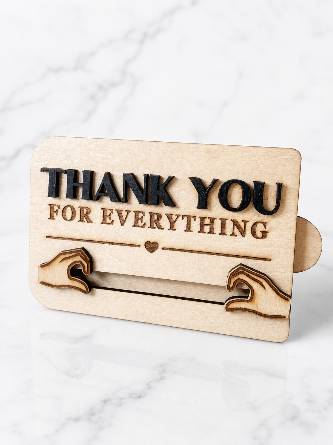Laser engraved wooden gift card holder with thank you message and decorative heart detail