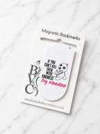 Voodoo doll magnetic bookmark with sarcastic quote displayed on Bluebell Valley Creations branded packaging against a clean marble background