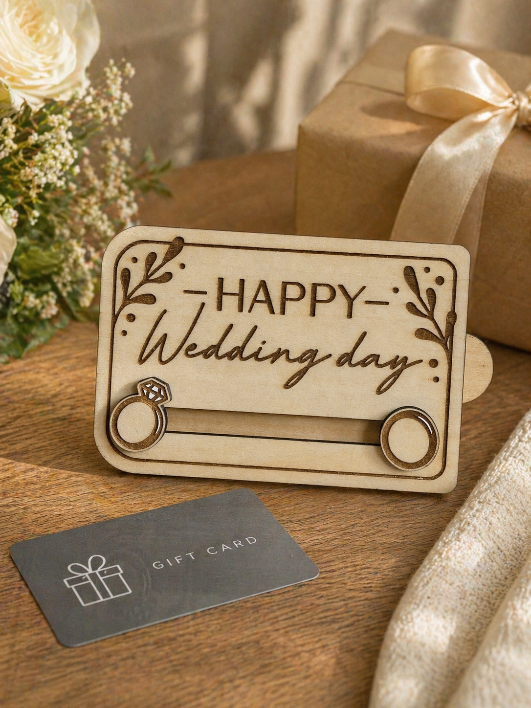 Wooden wedding gift card holder displayed with wrapped gift box and flowers as a wedding present idea