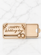 Wooden wedding gift card holder with happy wedding day engraving and sliding insert design